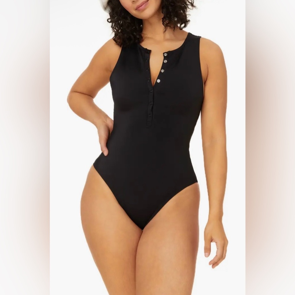 Sleeveless Black Henley One-Piece Swimsuit